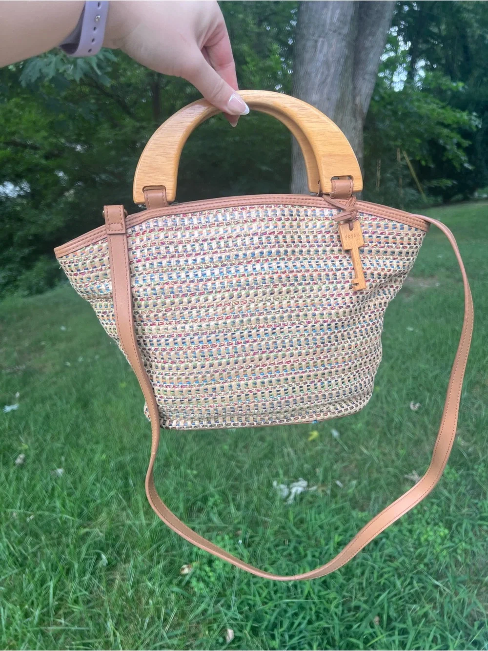 Fossil Beige Multicolor Woven Tote with Wooden Handles